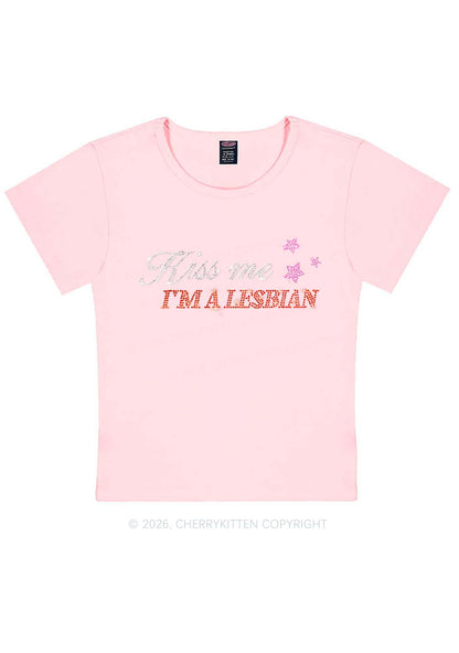 Rhinestone Kiss Me Im A Lesbian Pride Y2K Baby Tee Cherrykitten