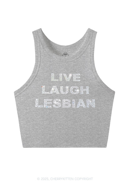Rhinestone Live Laugh Lesbian Pride Y2K Crop Tank Top Cherrykitten