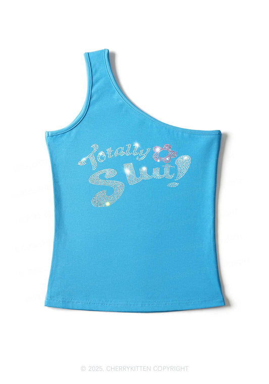 Rhinestone Totally Slxt Y2K One Shoulder Tank Top Cherrykitten
