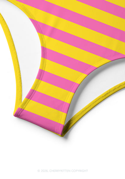 Pink And Yellow Stripes Y2K Print Bikini Set Cherrykitten