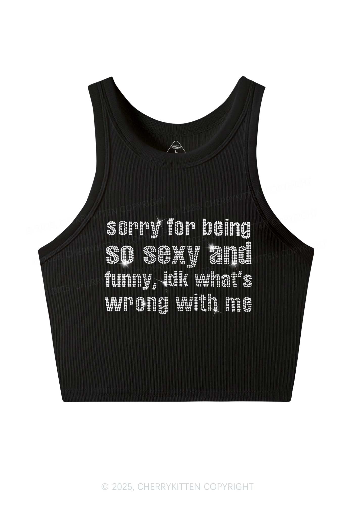 Rhinestone Sorry For Being So Funny Y2K Crop Tank Top Cherrykitten