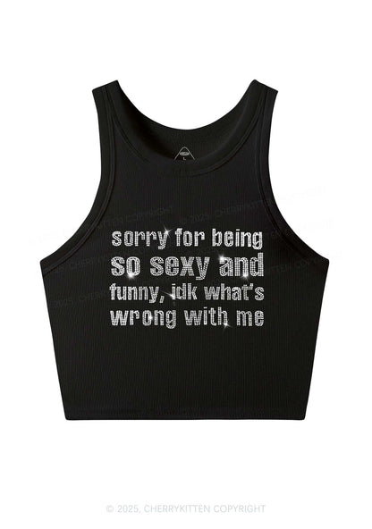 Rhinestone Sorry For Being So Funny Y2K Crop Tank Top Cherrykitten