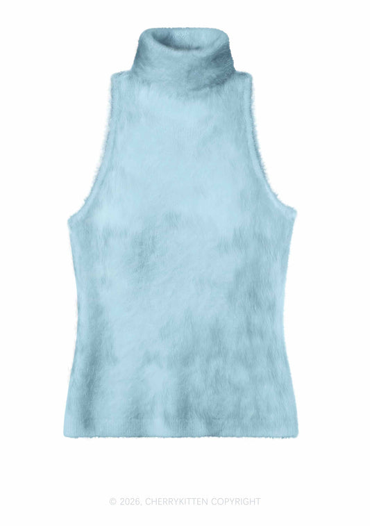 Plain Light Blue Y2K Knit Turtleneck Tank Top Cherrykitten