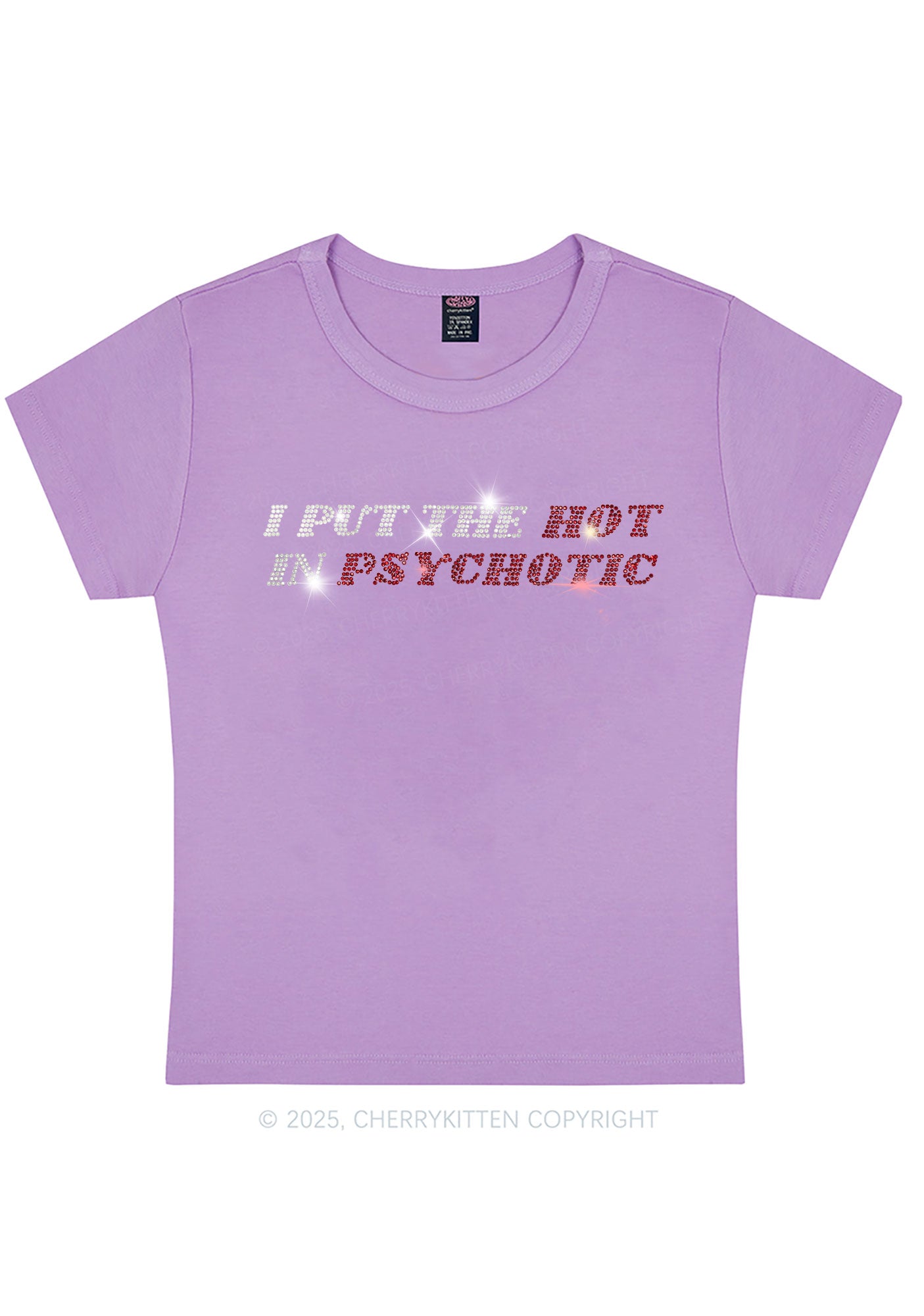 Curvy Rhinestone I Put The Hot In Psychotic Y2K Baby Tee Cherrykitten