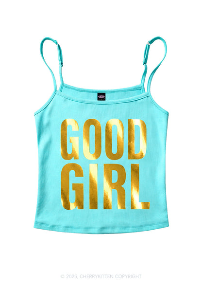 Good Girl Silver Foil Printed Y2K Spaghetti Strap Cami Cherrykitten