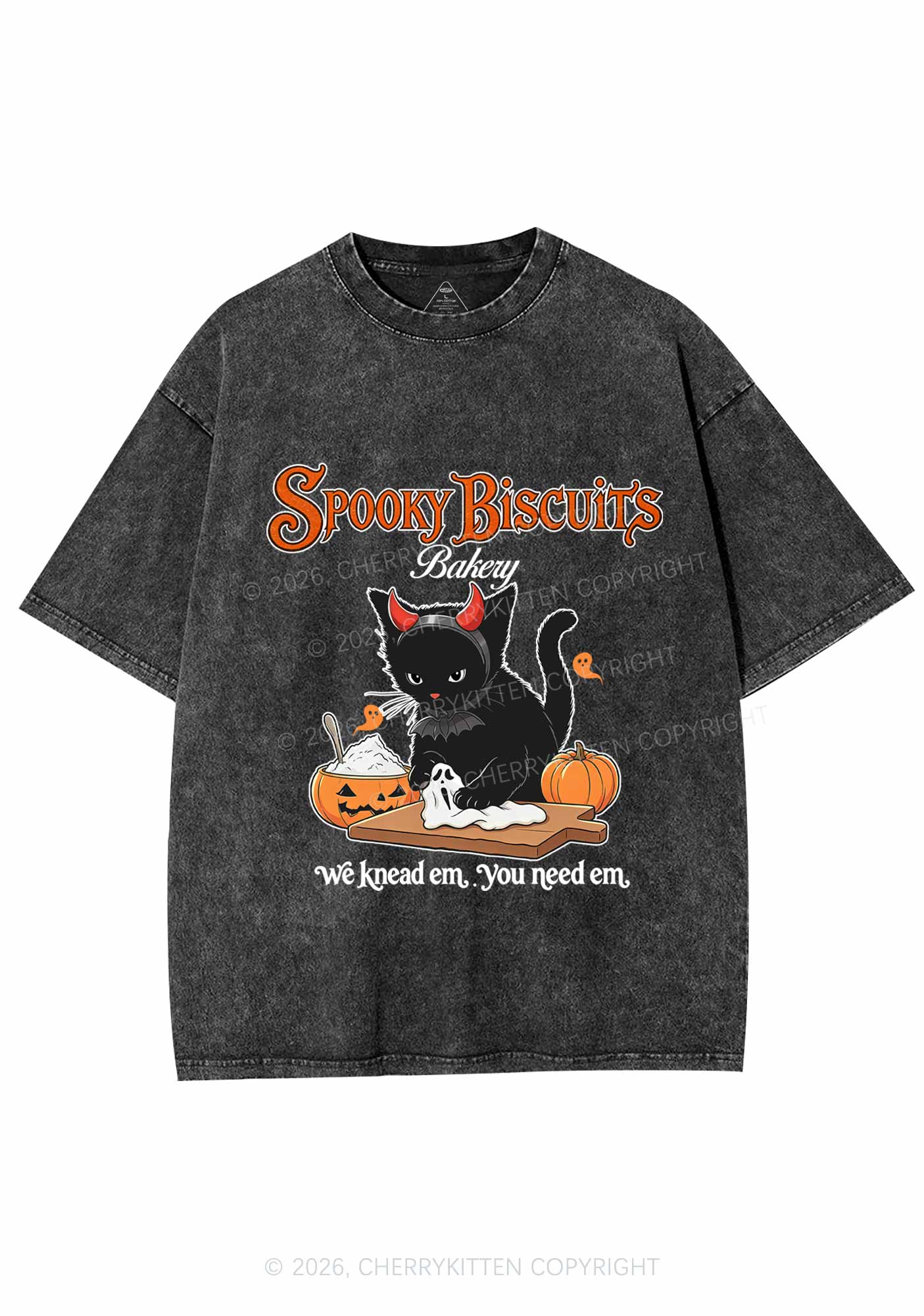 Halloween Black Cat Spooky Biscuits Y2K Shirts Washed Tee Cherrykitten