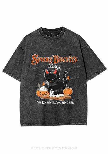 Halloween Black Cat Spooky Biscuits Y2K Shirts Washed Tee Cherrykitten