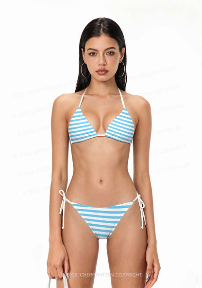 Blue And White Stripes Y2K Print Bikini Set Cherrykitten