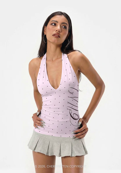 Brown Cxxt Dots Y2K Print Halter Deep V Neck Cami Cherrykitten
