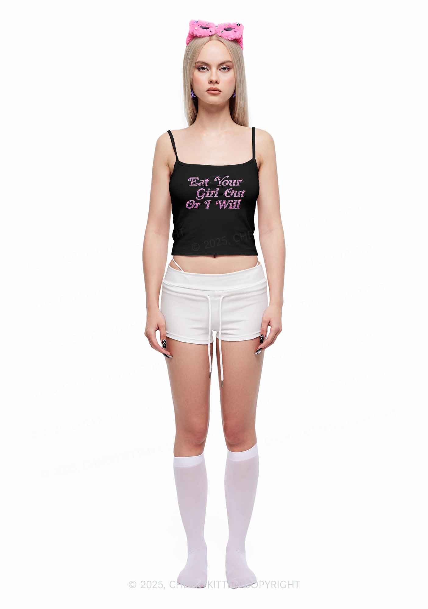 Rhinestone Eat Your Girl Out Y2K Spaghetti Strap Cami Cherrykitten