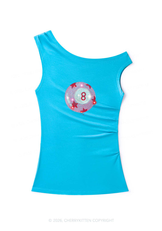 Rhinestone Pink Eight Ball Star Y2K Off Shoulder Tank Top Cherrykitten