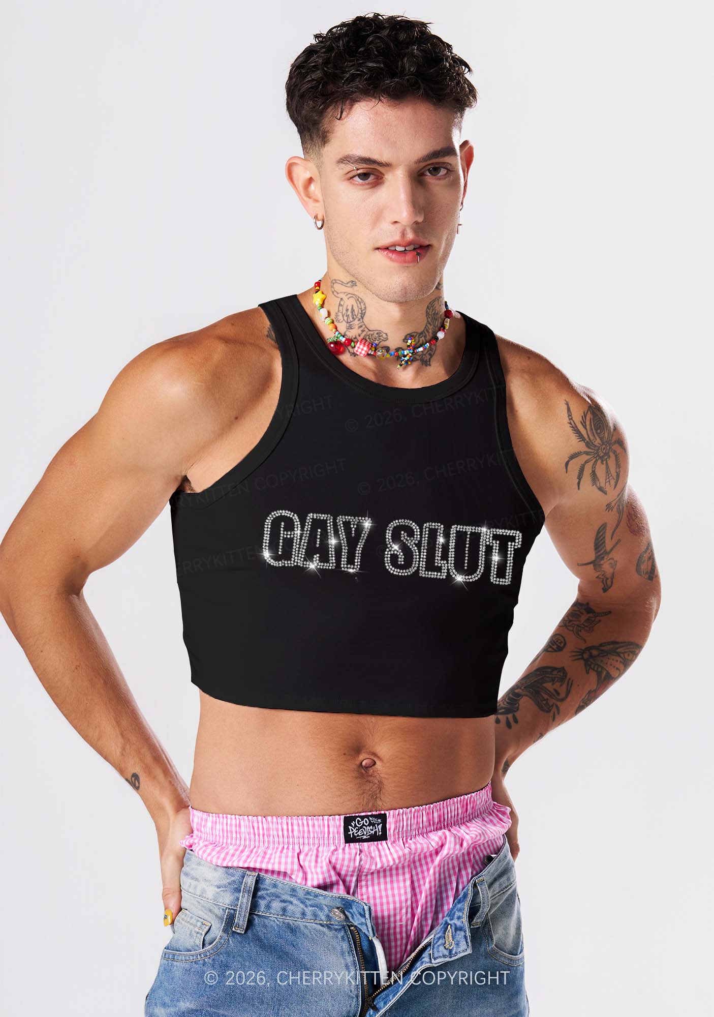 Rhinestone Gay Slxt Pride Y2K Crop Tank Top Cherrykitten