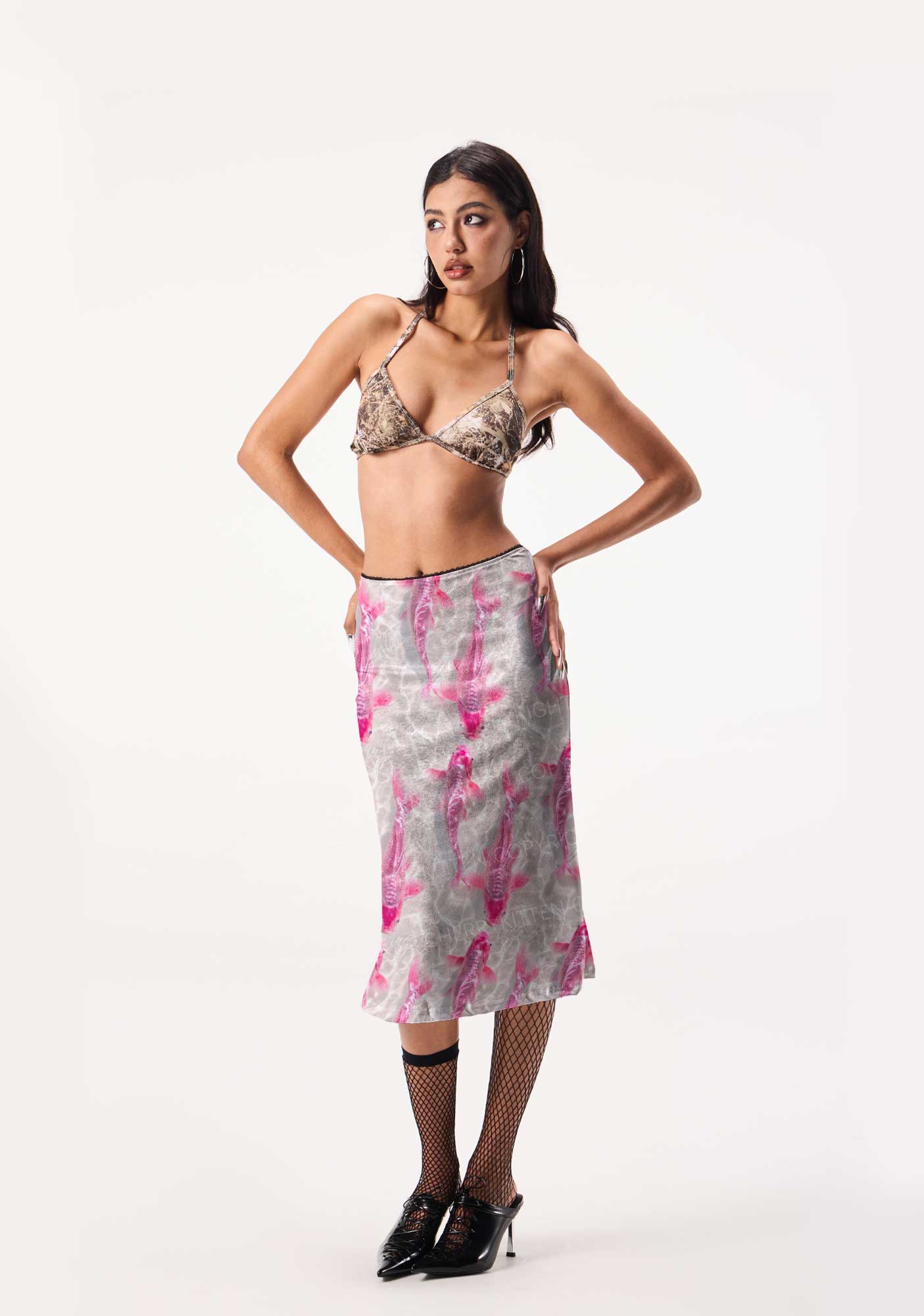 Pink Carp Water Ripple Y2K Print Midi Skirt Cherrykitten