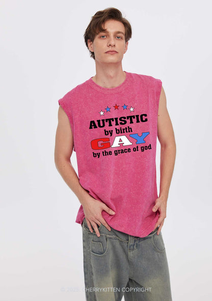 Autistic By Birth Gay Pride Y2K Washed Muscle Tank Cherrykitten