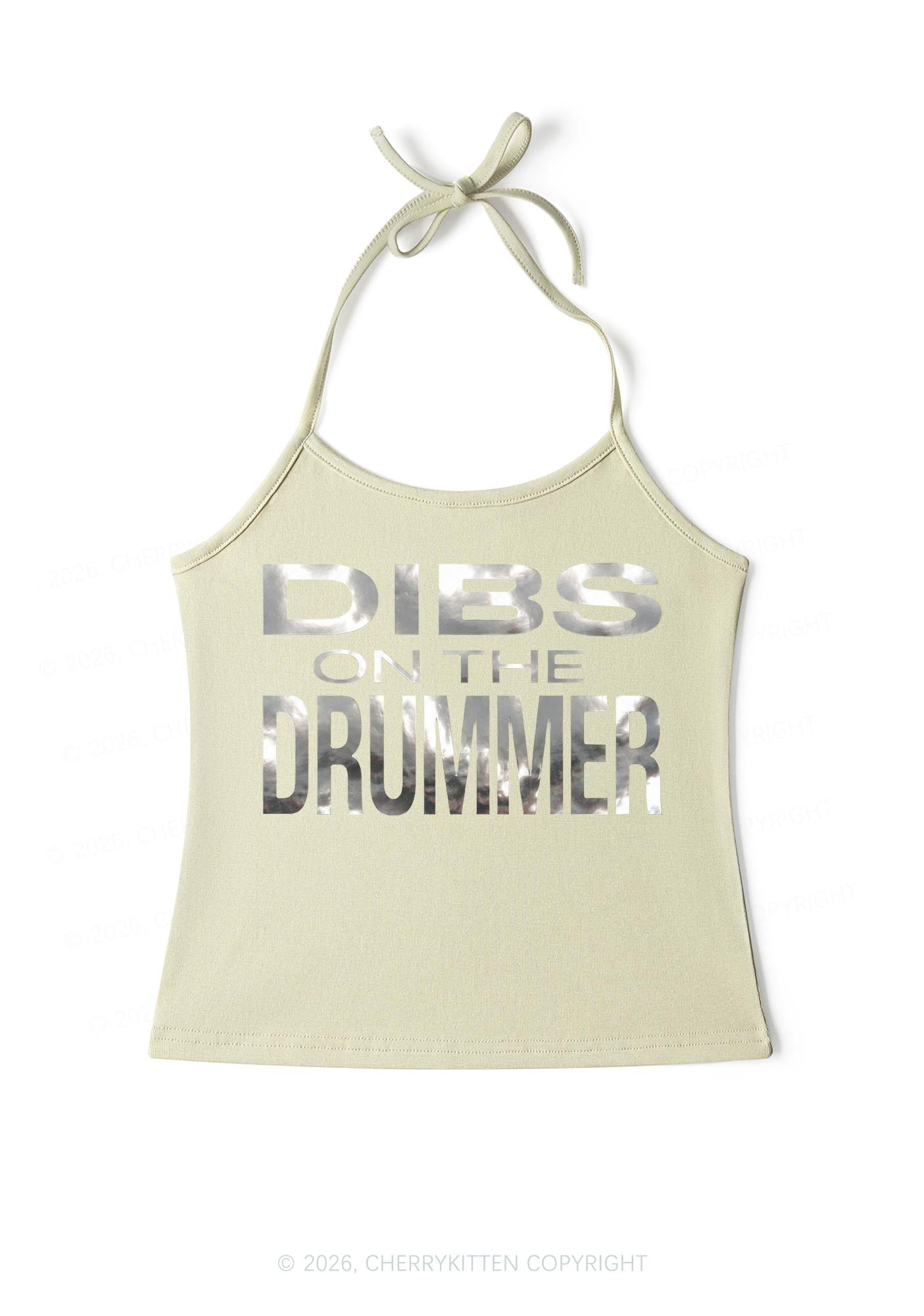 Dibs On The Drummer Silver Foil Printed Y2K Halter Neck Cami Cherrykitten