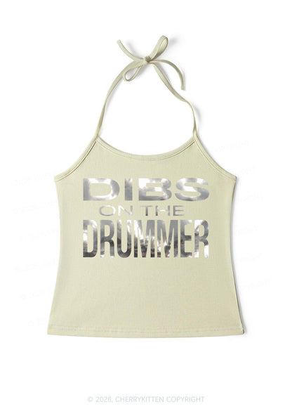 Dibs On The Drummer Silver Foil Printed Y2K Halter Neck Cami Cherrykitten
