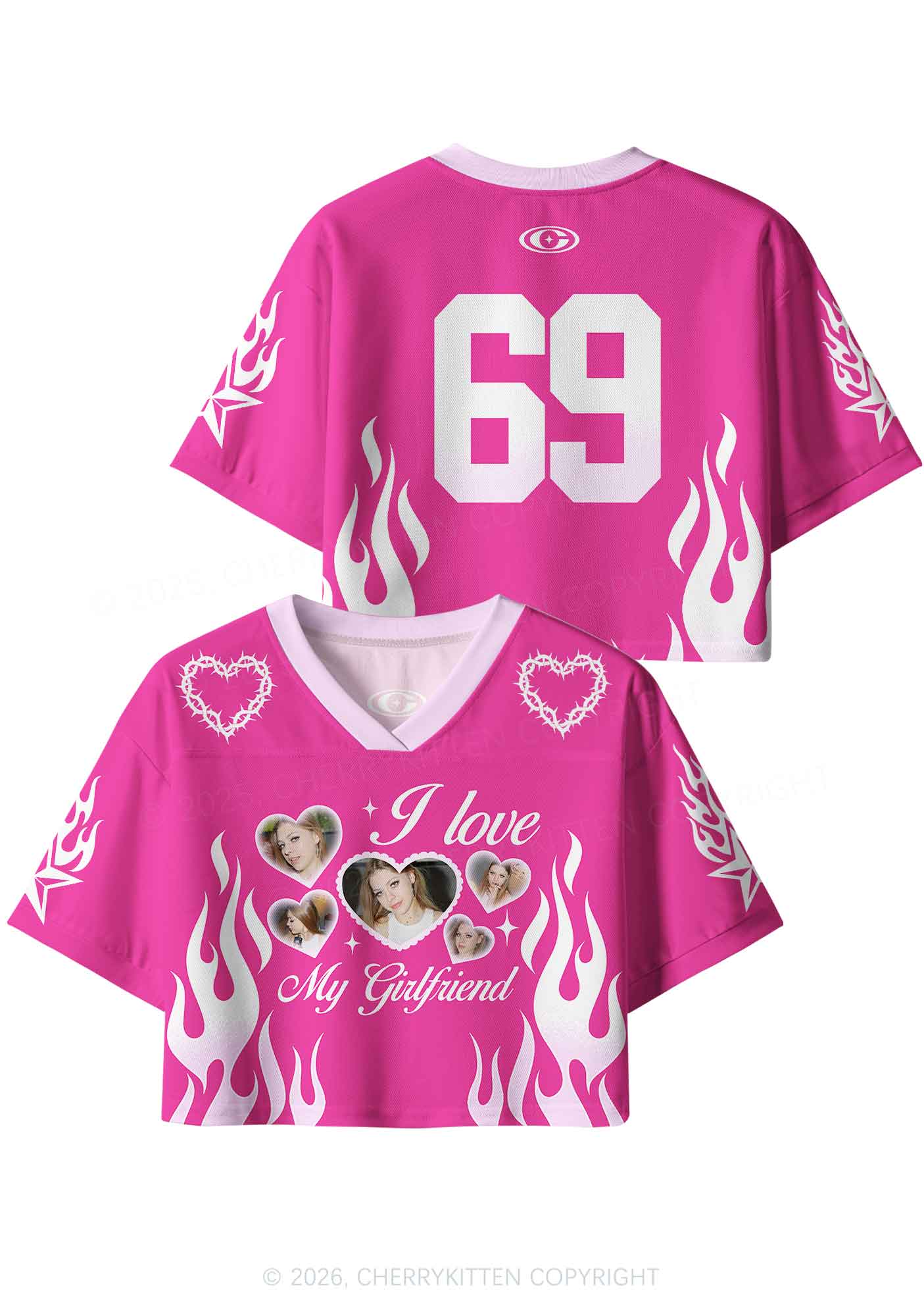 Hot Pink Custom GF BF Photo Y2K Crop Sport Jersey Shirts Cherrykitten