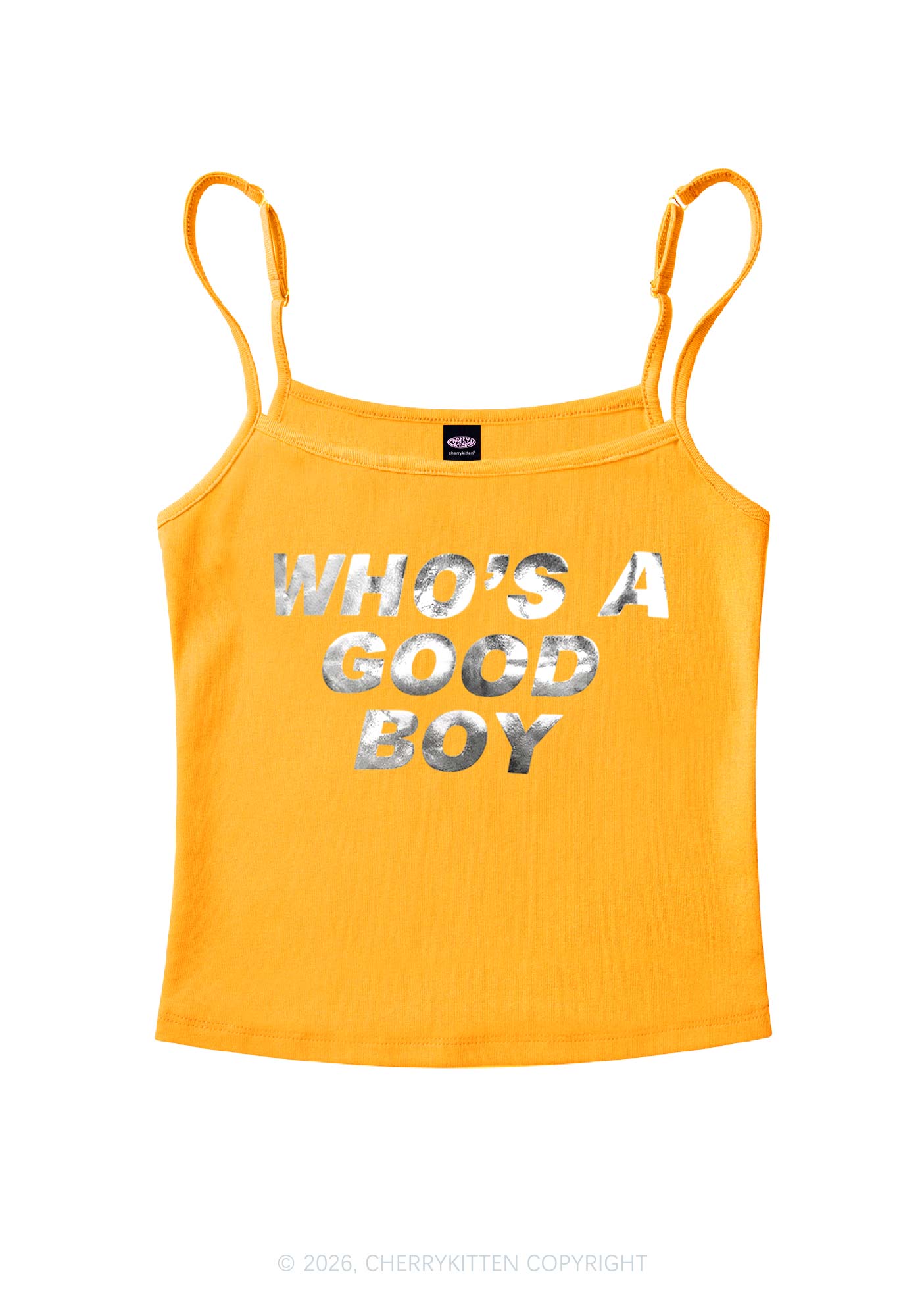 Whos A Good Boy Silver Foil Printed Y2K Spaghetti Strap Cami Cherrykitten