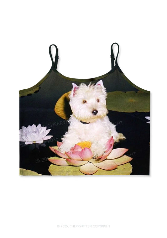 Puppy On Lotus Y2K Print Cami Crop Top Cherrykitten