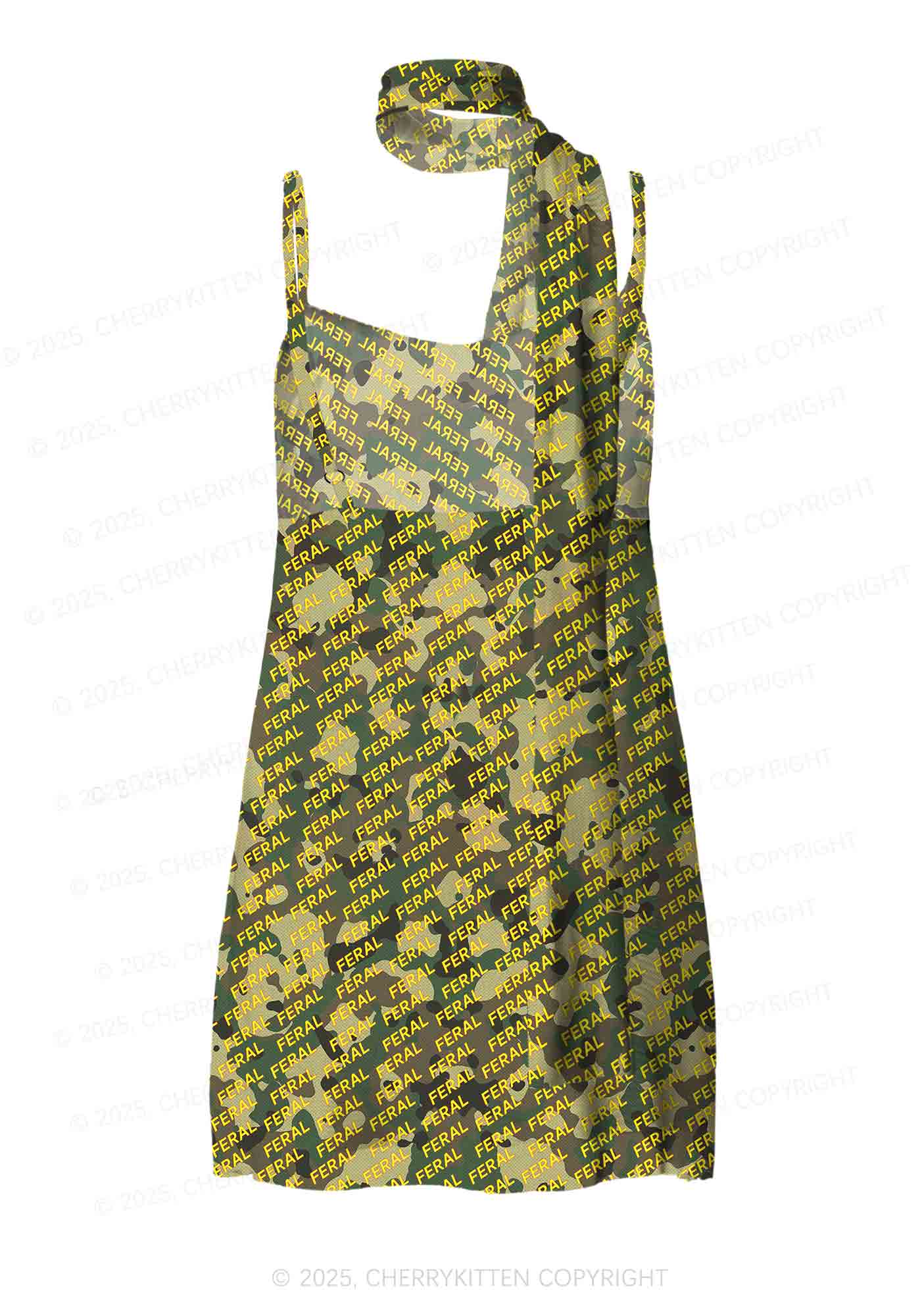 Wild Camouflage Feral Y2K Mesh Slip Dress With Scarf Set Cherrykitten
