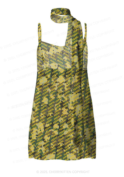 Wild Camouflage Feral Y2K Mesh Slip Dress With Scarf Set Cherrykitten