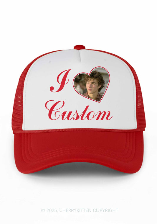 I Love Custom Photo Valentine's Day Y2K Colorblock Trucker Hat Cherrykitten