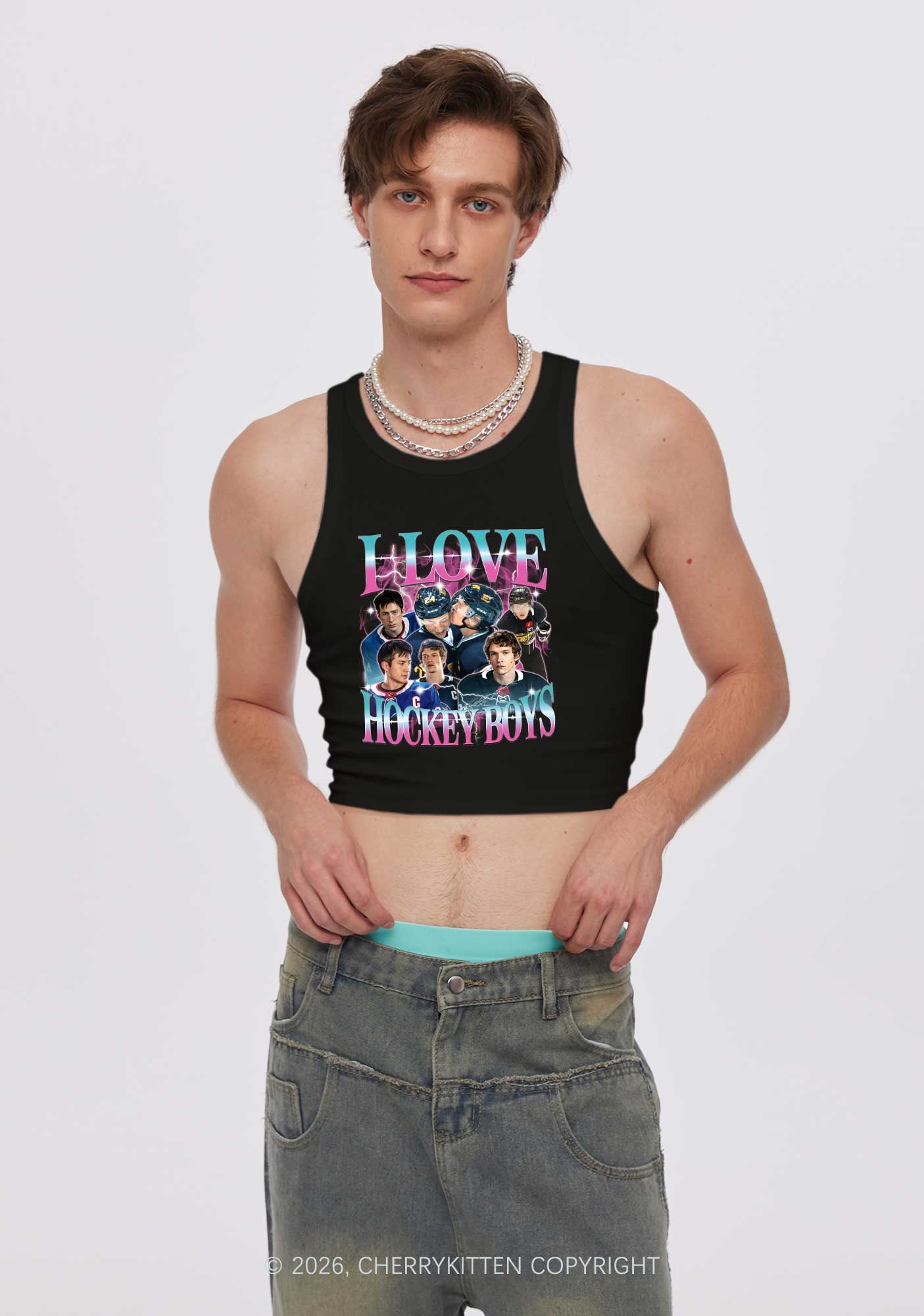 Pink Blue Gradient I Love Hockey Boys HR Y2K Crop Tank Top Cherrykitten