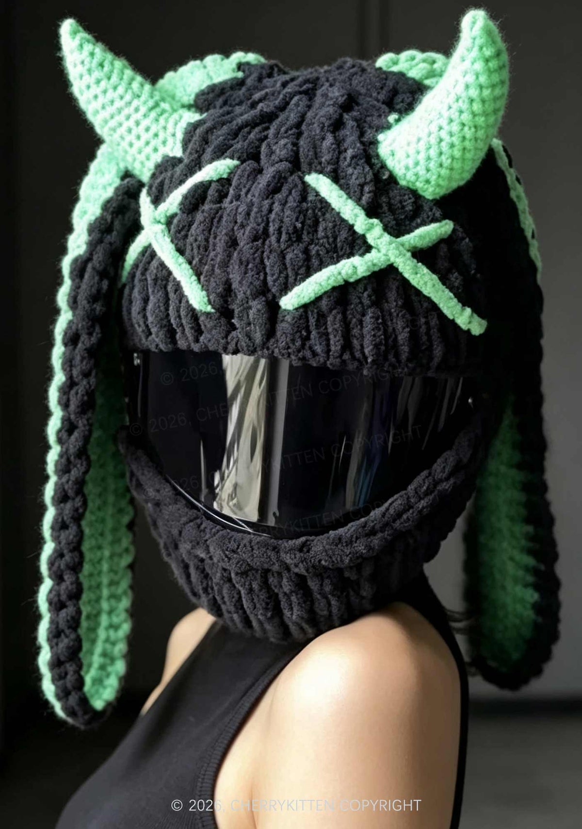 Halloween Black Bunny Horn Y2K Motorcycle Helmet Cover Cherrykitten