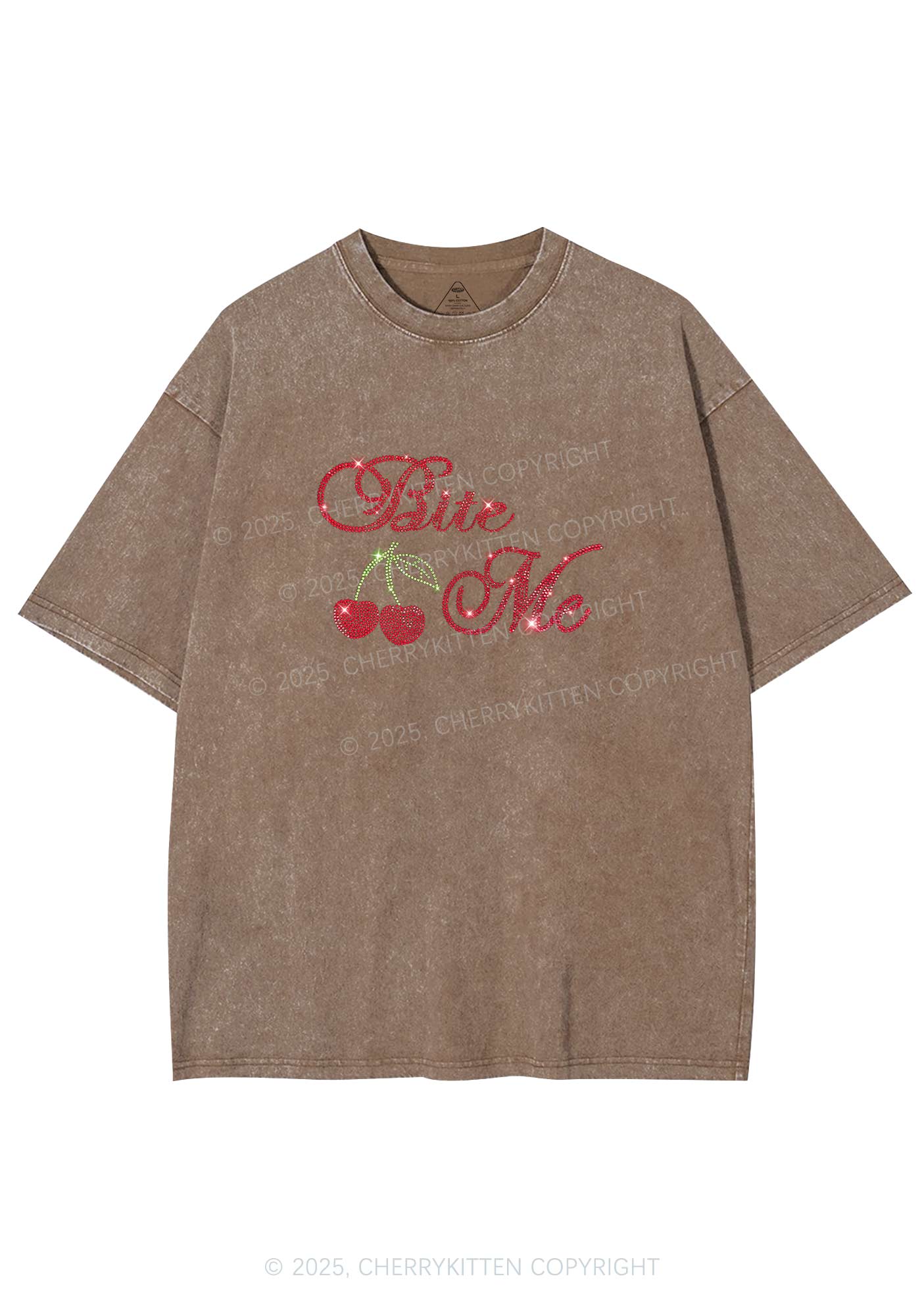 Rhinestone Red Cherry Bite Me Y2K Shirts Washed Tee Cherrykitten