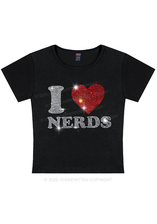 Rhinestone I Love Nerds Y2K Baby Tee Cherrykitten