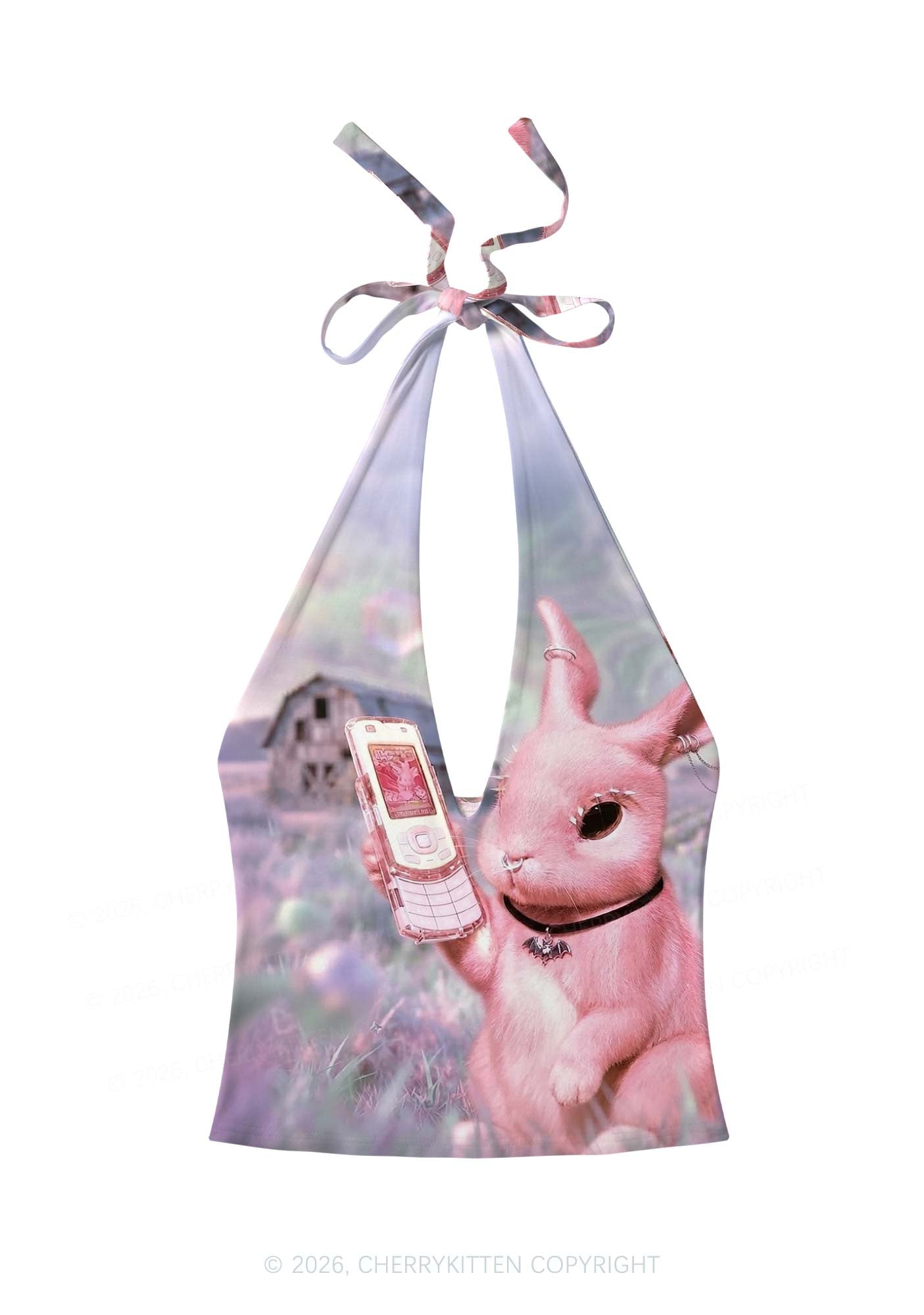 Pink Gothic Bunny Y2K Print Halter Deep V Neck Cami Cherrykitten