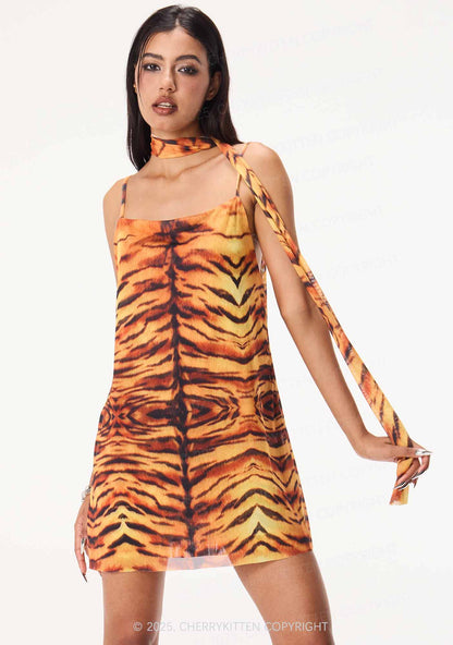 Wild Tiger Texture Y2K Mesh Slip Dress With Scarf Set Cherrykitten