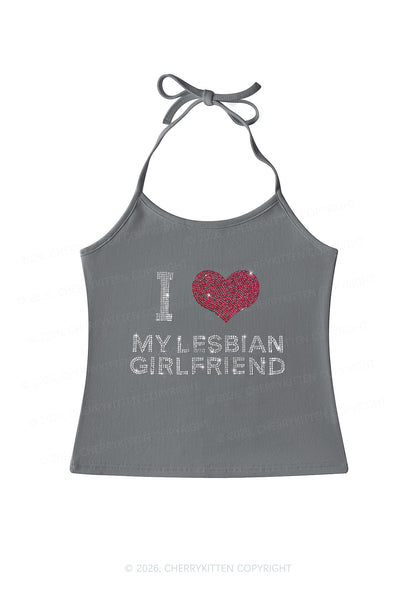 Rhinestone I Love My Lesbian GF Pride Y2K Halter Neck Cami Cherrykitten