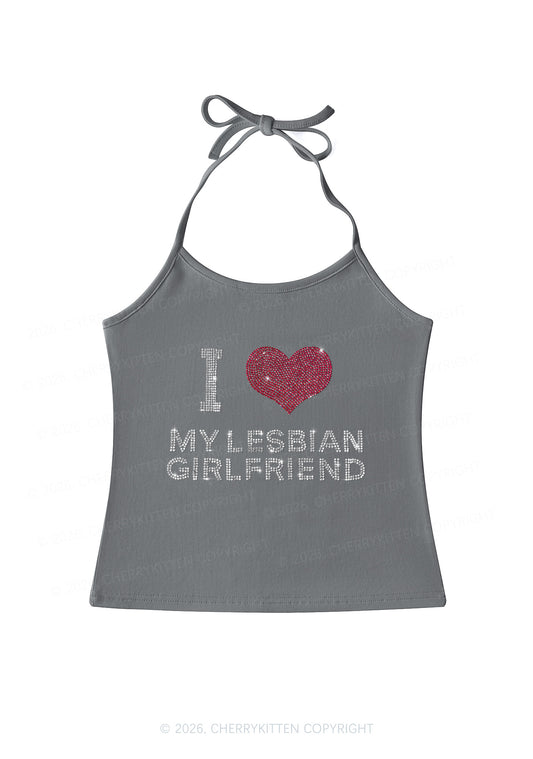 Rhinestone I Love My Lesbian GF Pride Y2K Halter Neck Cami Cherrykitten