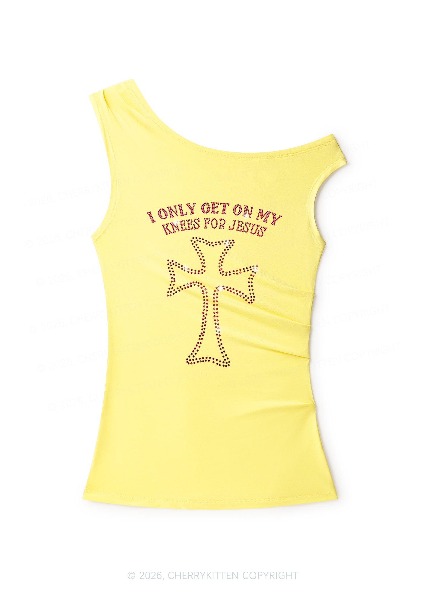 Rhinestone Get On Knees For Jesus Y2K Off Shoulder Tank Top Cherrykitten