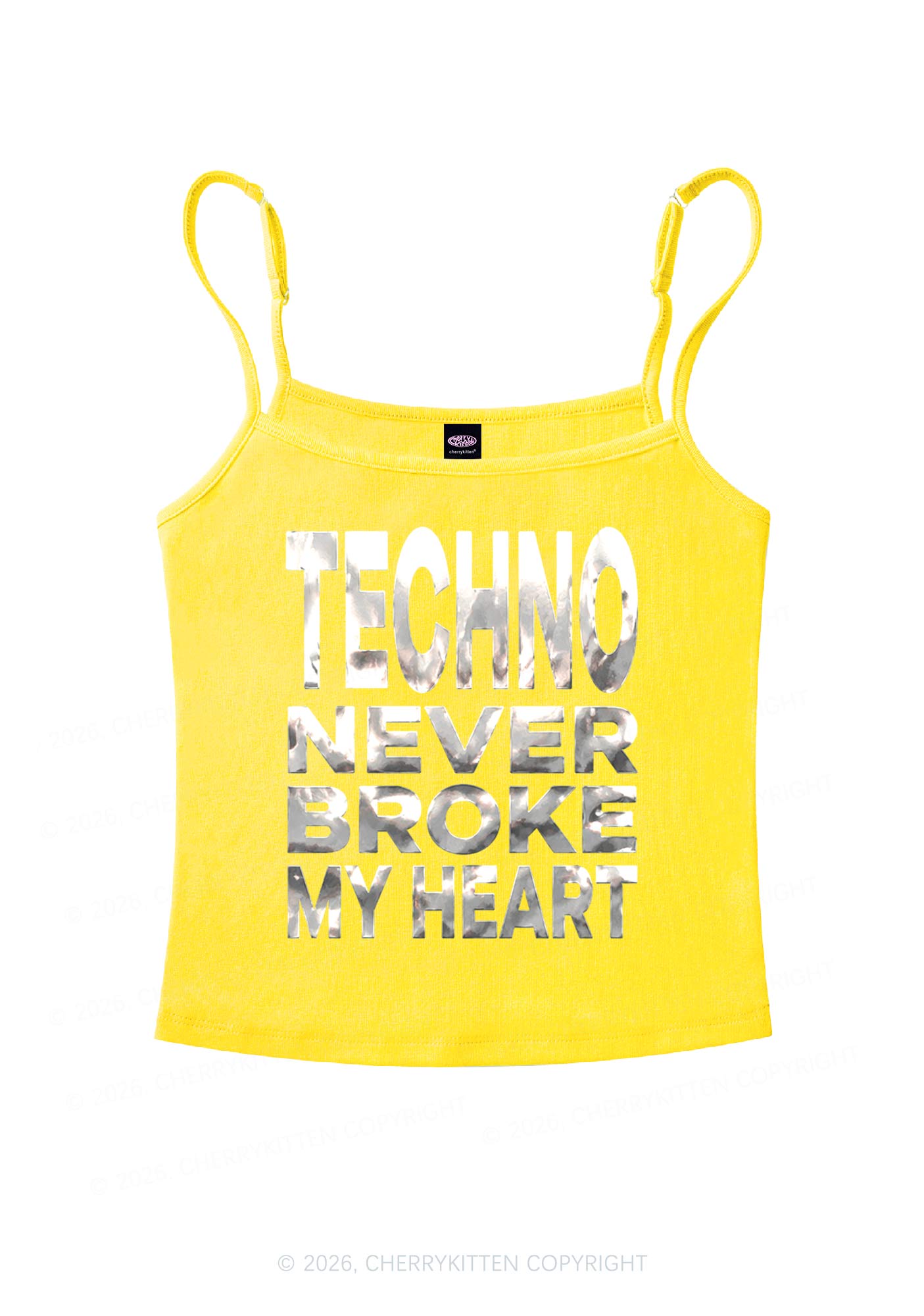 Techno Broke Heart Silver Foil Printed Y2K Spaghetti Strap Cami Cherrykitten