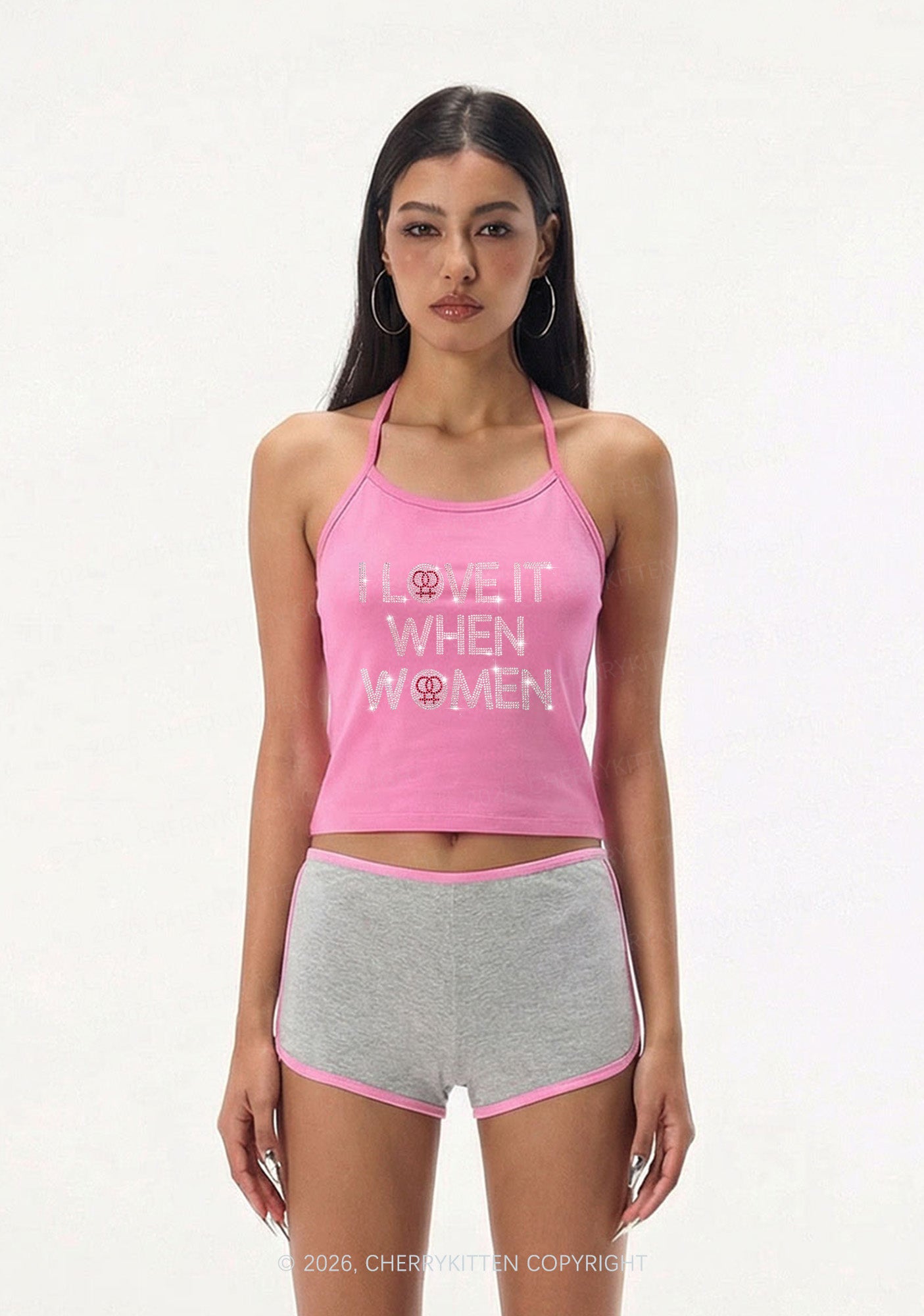 Rhinestone I Love It When Women Pride Y2K Halter Neck Cami Cherrykitten