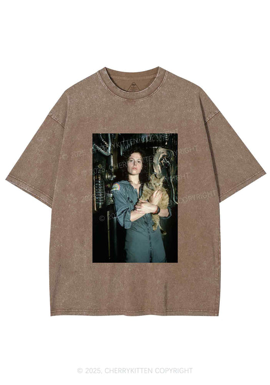 Halloween Space Lady Cat Y2K Shirts Washed Tee Cherrykitten