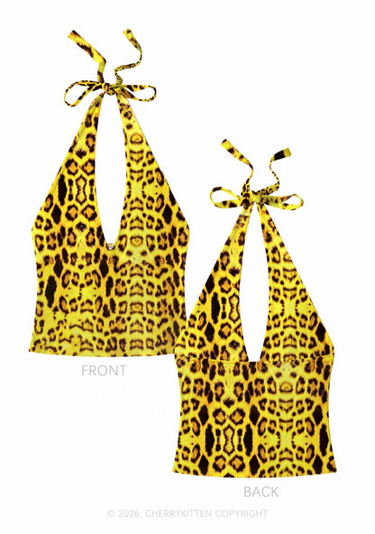 Yellow Leopard Y2K Print Halter Deep V Neck Cami Cherrykitten
