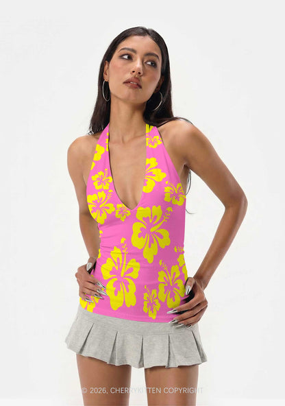 Yellow Floral On Pink Y2K Print Halter Deep V Neck Cami Cherrykitten