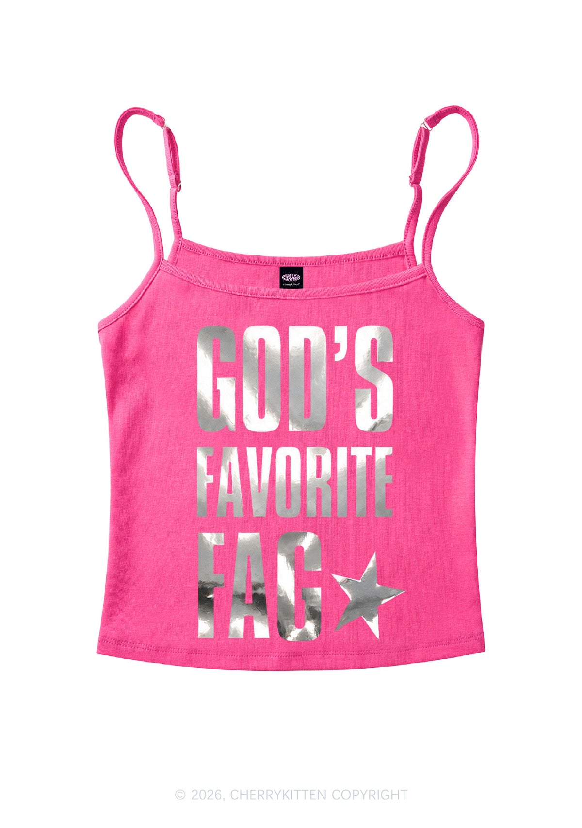 Gods Favorite Fag Pride Silver Foil Printed Y2K Spaghetti Strap Cami Cherrykitten
