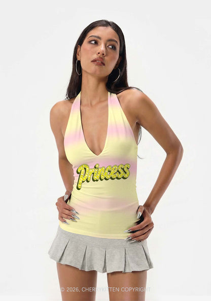 Pink Yellow Gradient Princess Y2K Print Halter Deep V Neck Cami Cherrykitten