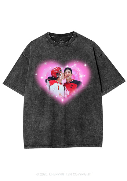 Sparkle Pink Heart Kissing Y2K Shirts Washed Tee Cherrykitten