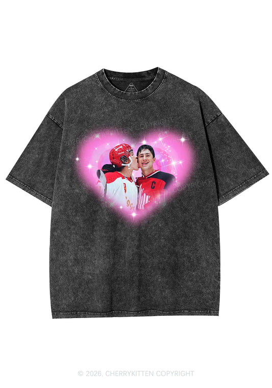 Sparkle Pink Heart Kissing Y2K Shirts Washed Tee Cherrykitten