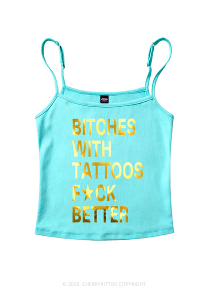 Bxxches With Tattoos Fxxk Better Silver Foil Printed Y2K Spaghetti Strap Cami Cherrykitten