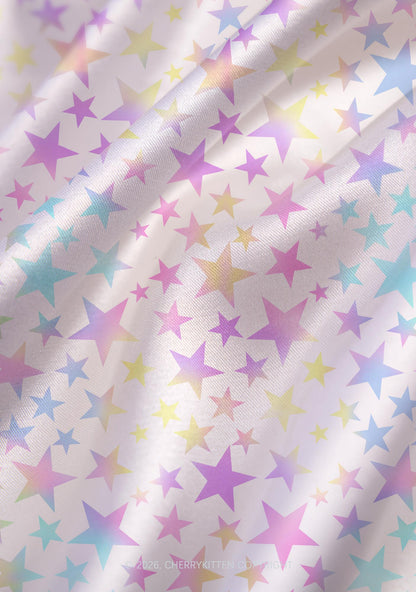 Rainbow Star On White Y2K Print Satin Cowl Neck Slip Dress Cherrykitten