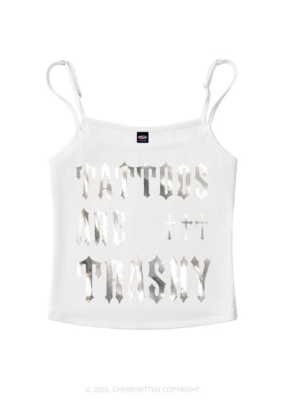 Tattoos Are Trashy Silver Foil Printed Y2K Spaghetti Strap Cami Cherrykitten