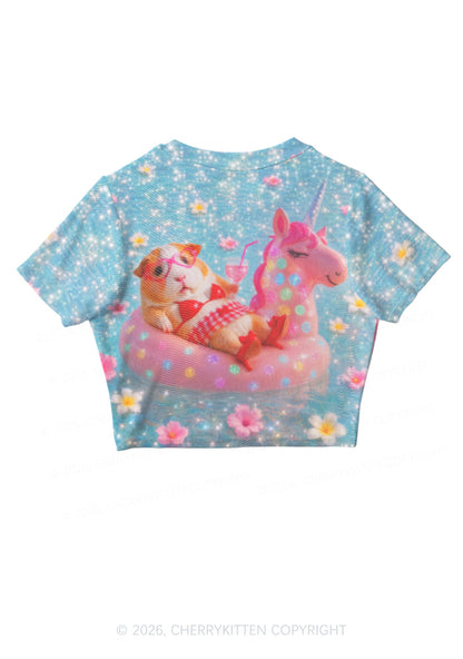 Guinea Pig On Unicorn Y2K Mesh Crop Top Cherrykitten
