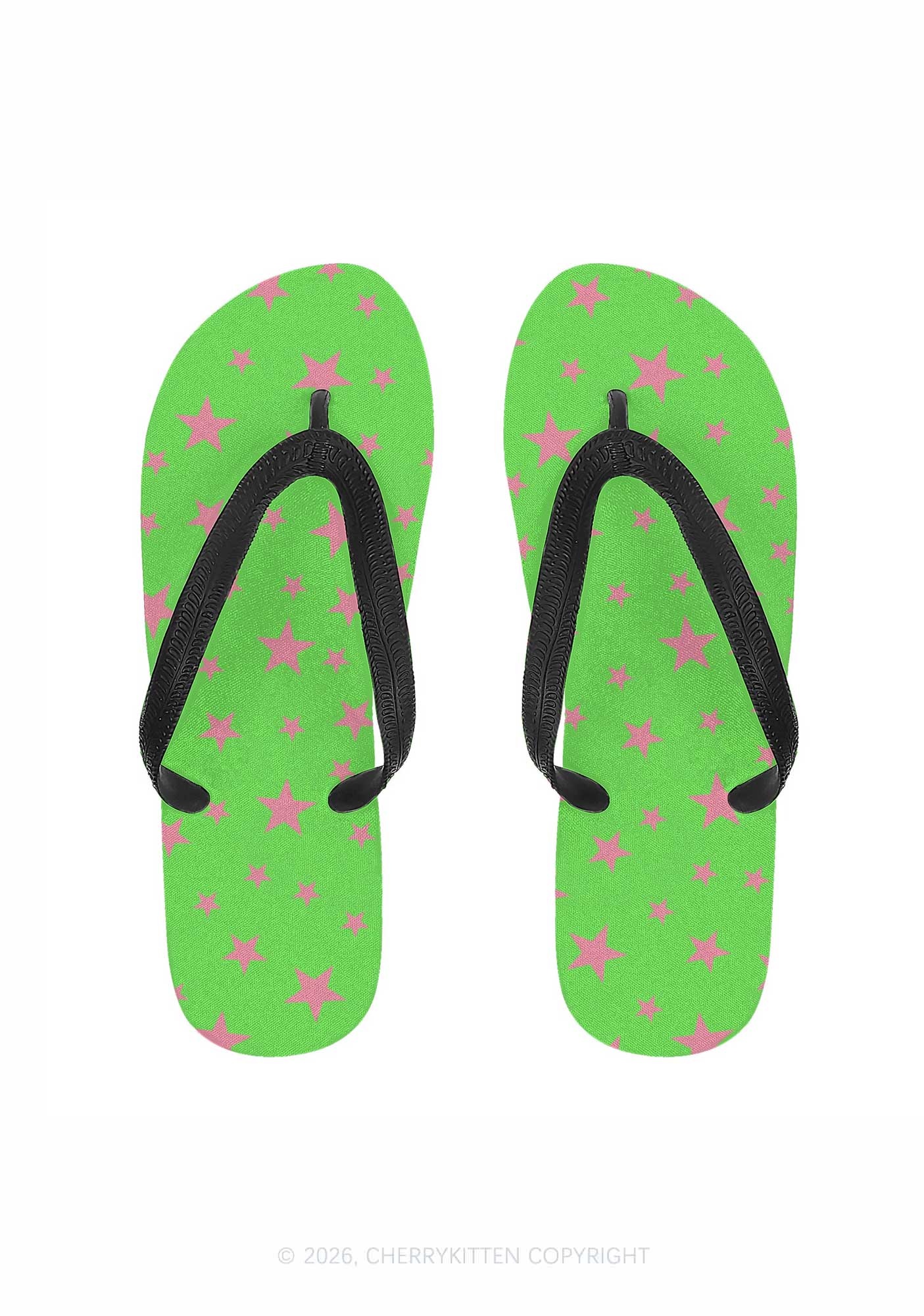 Pink Star On Green Y2K Print Flip Flops Cherrykitten