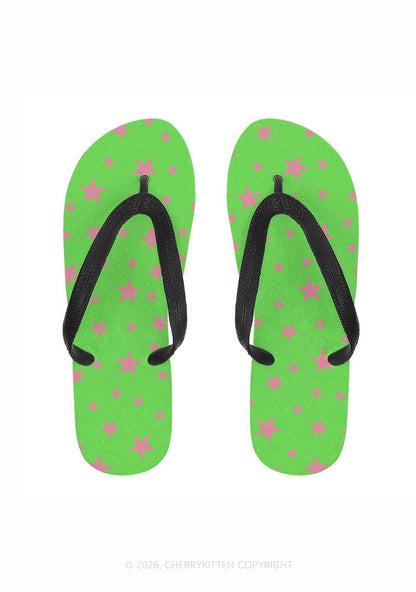 Pink Star On Green Y2K Print Flip Flops Cherrykitten
